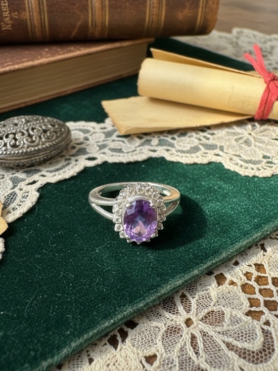 925 Sterling Silver Jewelry - Sterling Halo Ring with Purple Amethyst Center